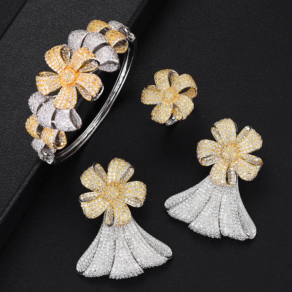 SisCathy Luxury Flower Bicolor Jewelry Sets Women Wedding Cubic Zirconia Dubai Gold Necklace Earrings Bangle Ring | Украшения и