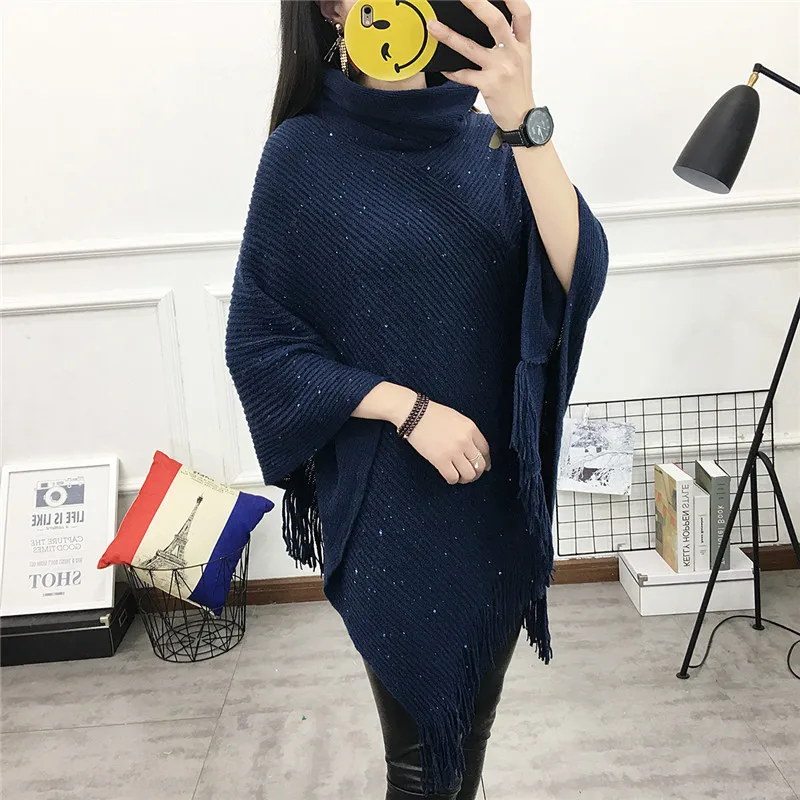 2019 women autumn winter thick sequins high collar tassel large size loose warm cloak shawl fashion sweater | Женская одежда
