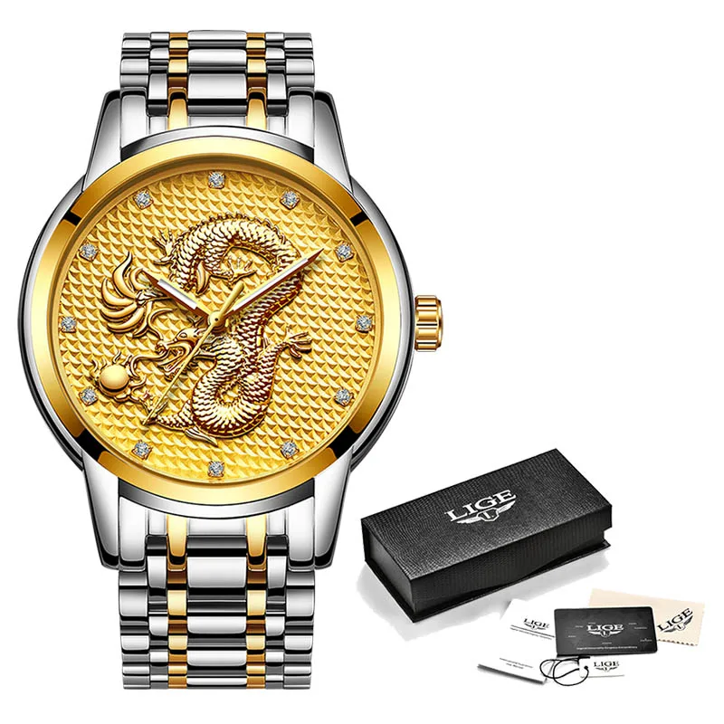 Full gold S Relogio masculino, оригинальные мужские часы LIGE s, Лидирующий бренд, Роскошные Кварцевые часы с золотым Драконом и скульптурой, мужские полностью Стальные наручные часы+ коробка - Цвет: Full gold S
