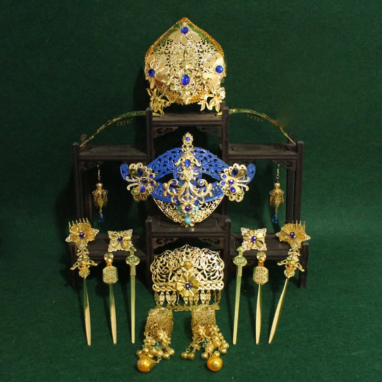 Blue Gold Series Tang Dynasty Empress Hair Tiara for TV Play Legend of Tang Empress- Wu MeiNiang Drama Tiara Hanfu Headpiece