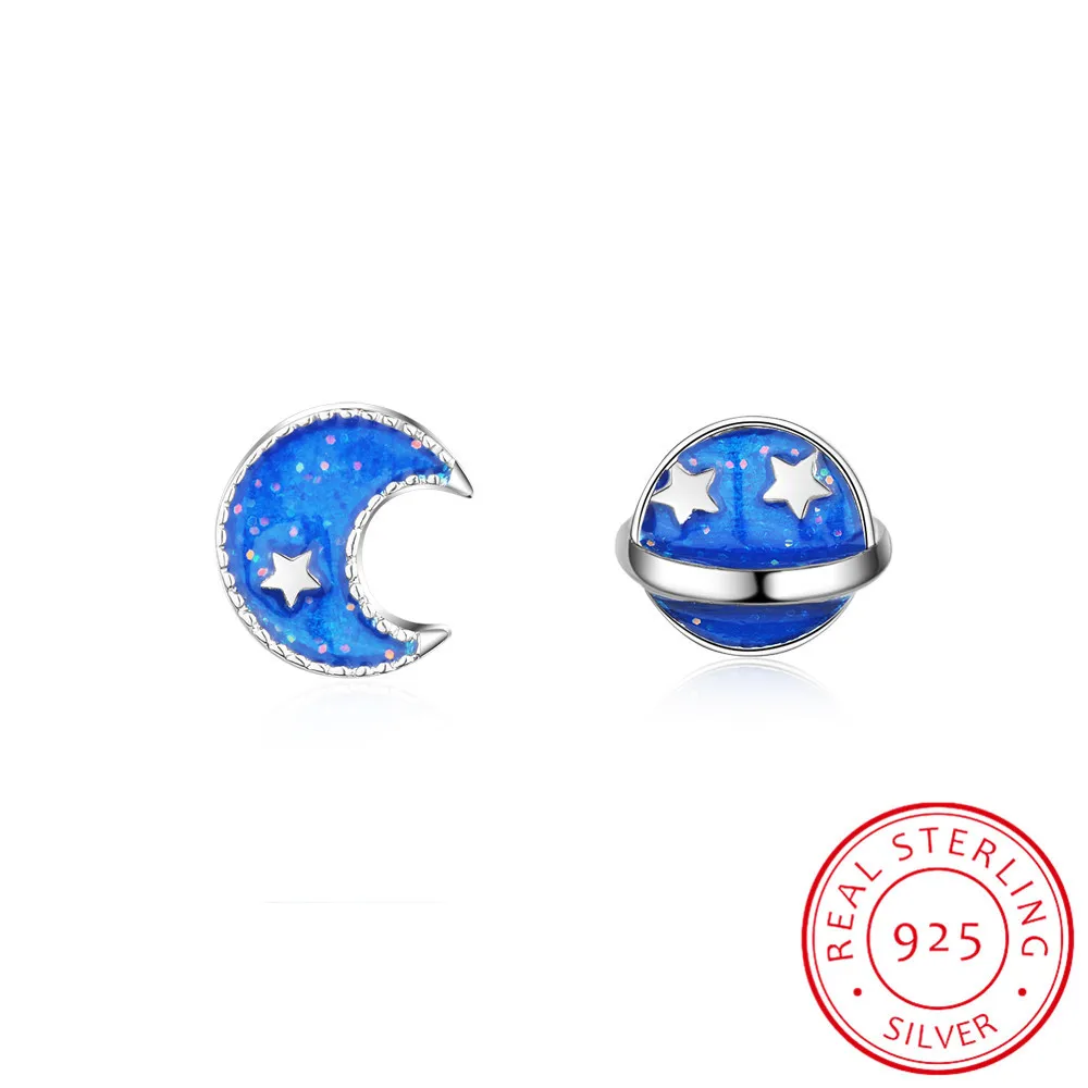 

100% 925 silver needle Women Fashion Cute Tiny Asymmetric Moon Star Small Stud Earrings For Daughter Girls Ds327