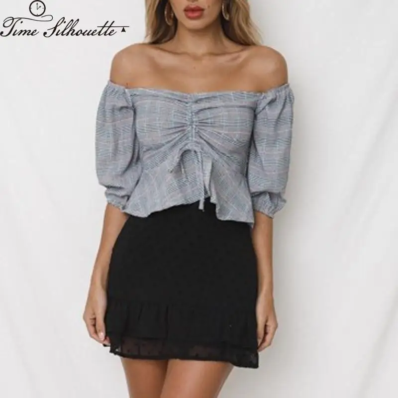 Пикантные Slash шеи с плеча осень шифоновый топ Для женщин блузки 2018 Половина