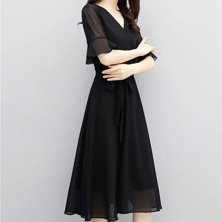 Летнее шифоновое платье модное женское длинное с v образным вырезом Hepburn Черное