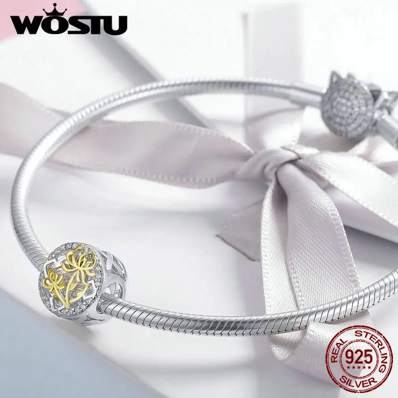 WOSTU 925 пробы серебряные цветы золотого цвета бусины подходят браслет ожерелье кулон для женщин Серебряные Оригинальные Ювелирные изделия FNC045