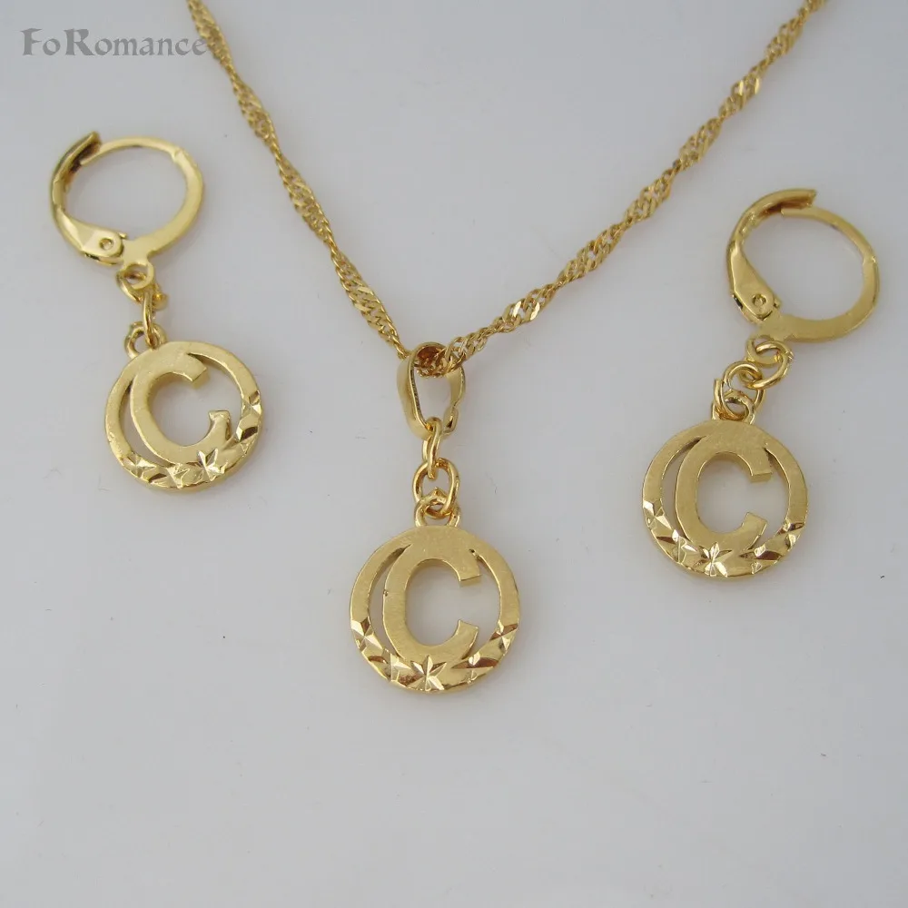 FoRomance- HIGH QUALITY GOLD GP 26 LETTERS INITIALS FROM A TO T CIRCLE STAR CARVED PENDANT 18&quot WATER WAVE NECKLACE EARRING SET |