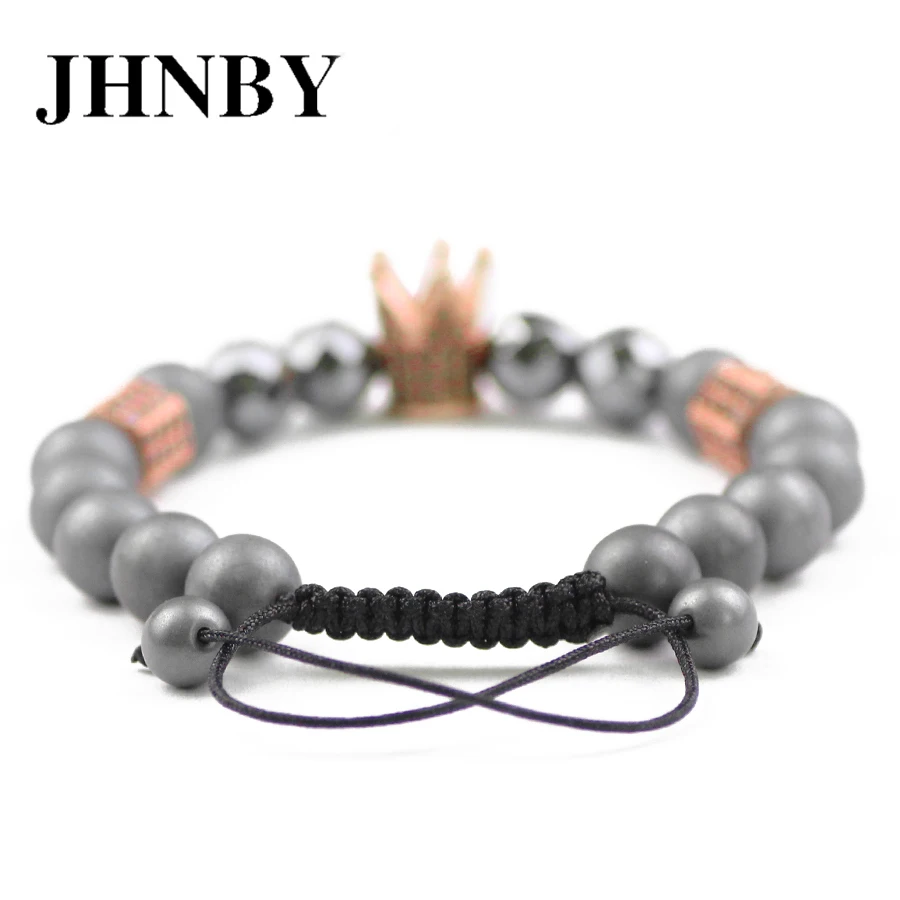 JHNBY Crown 8mm Matte Hematite Bead Pave CZ Men Charms Bracelet Braided Rope Trendy Women Copper Bangle Jewelry Pulseras Hombre | Украшения