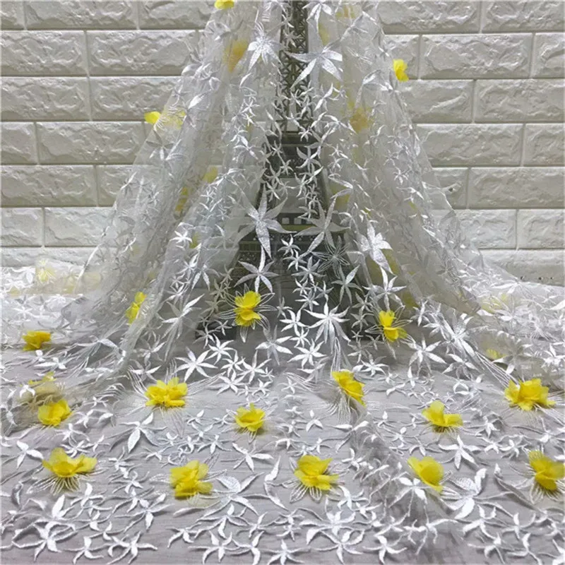 

Новейший стиль, желтая африканская кружевная ткань с 3D цветком, нигерийская свадьба, вышитый французский тюль, кружевной материал для сваде...