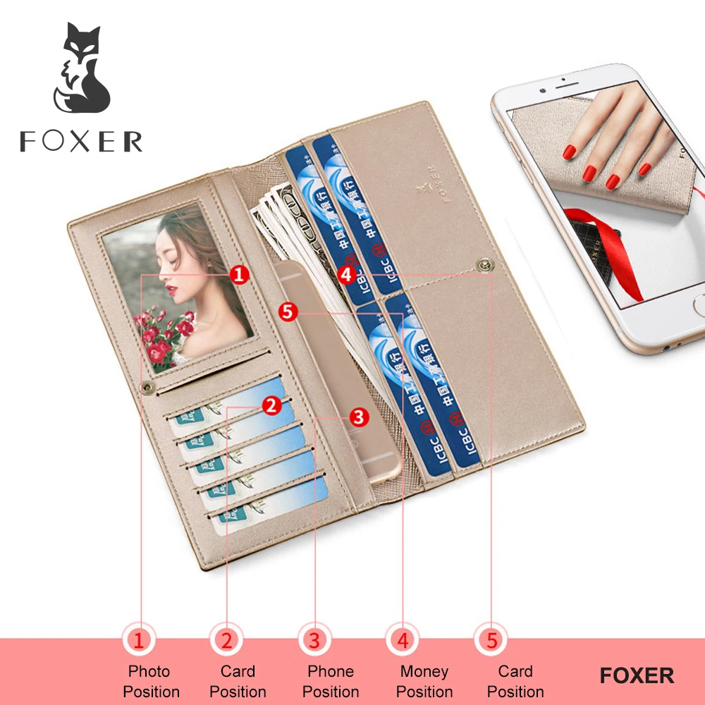 Длинный кошелек FOXER для женщин модный Классический Дамский бумажник из воловьей