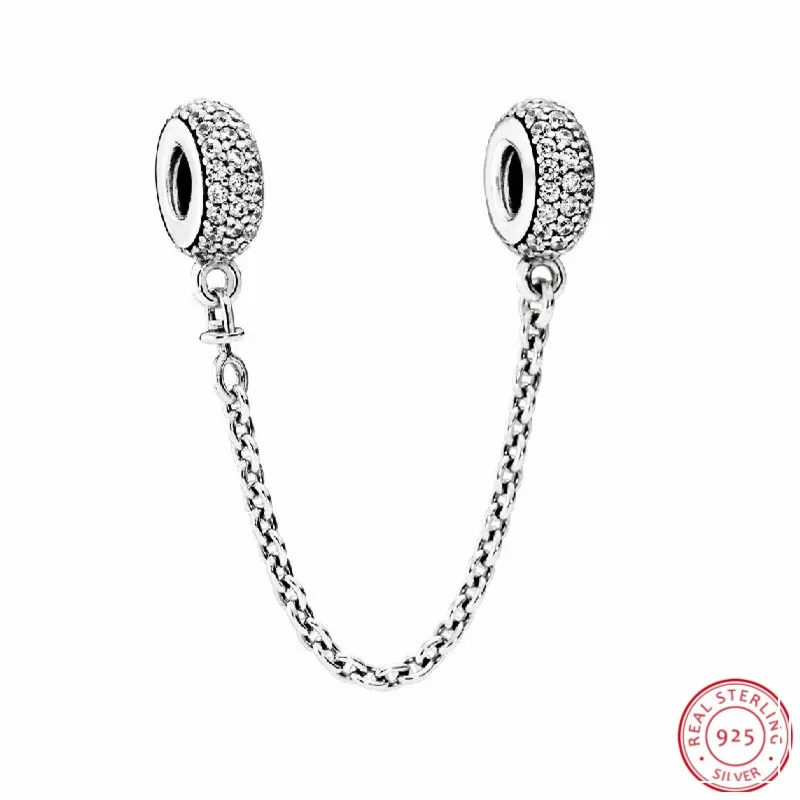 Красивые 925 пробы серебряные цепи безопасности с прозрачными CZ DIY Fit PANDORA Подвески
