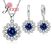 geometric 925 sterling silver fashion jewelry set beautiful crystal stone sun flower pendant necklace earrings party accessories