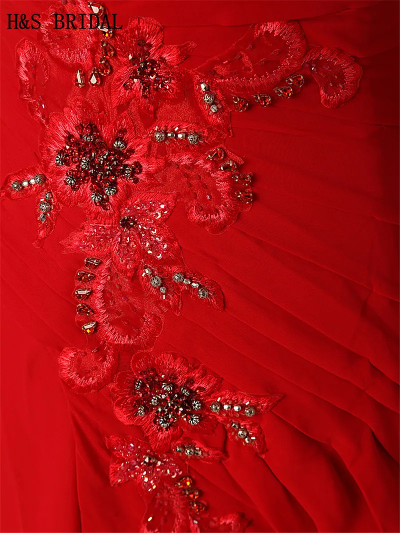 

H&S BRIDAL Red turkish evening gowns With Straps Ribbon Sexy Lace Applique Beaded Backless Evening Dress Long Party Dress
