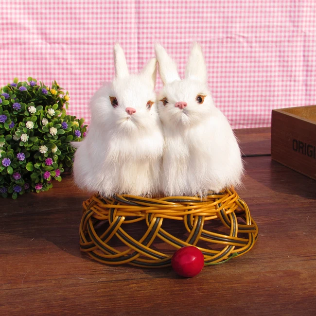 13x8cm simulation rabbit plastic&amp furs two rabbits with one basket toy model home decoration Xmas gift w5824 | Игрушки и хобби