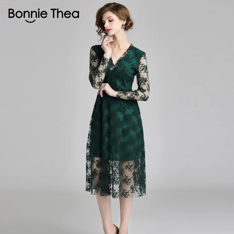 Bonnie Thea женское зеленое кружевное длинное платье осеннее с длинным рукавом