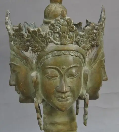 S5428 тибетская бронза четыре лица Kwan-Yin Bodhisattva Голова Статуя Будды печать штамп с