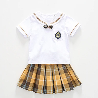 girl 150 Детская модная школьная форма в корейском японском стиле; одежда для занятий спортом; белый топ; желтая юбка в клетку; брюки; галстук; сценические костюмы для детей - Цвет: girl 150