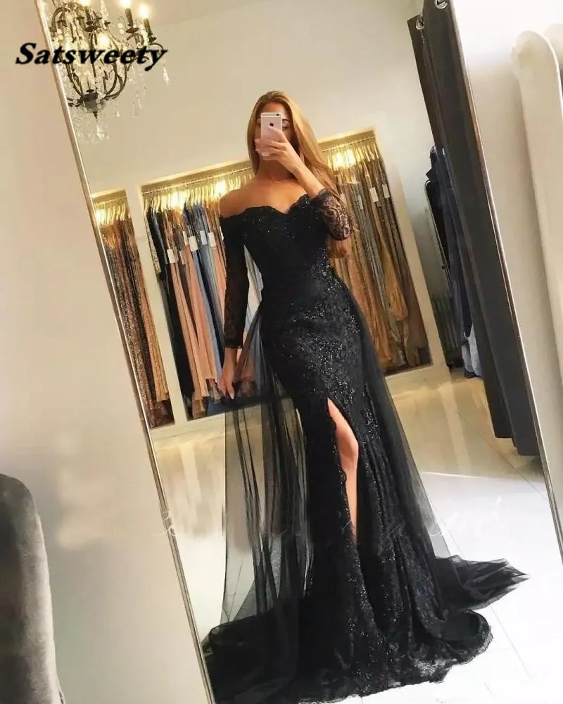 

Black Muslim Bridesmaid Dresses 2021 Mermaid 3/4 Sleeves Lace Beaded Slit Islamic Dubai Kaftan Saudi Arabic Long Prom Gowns
