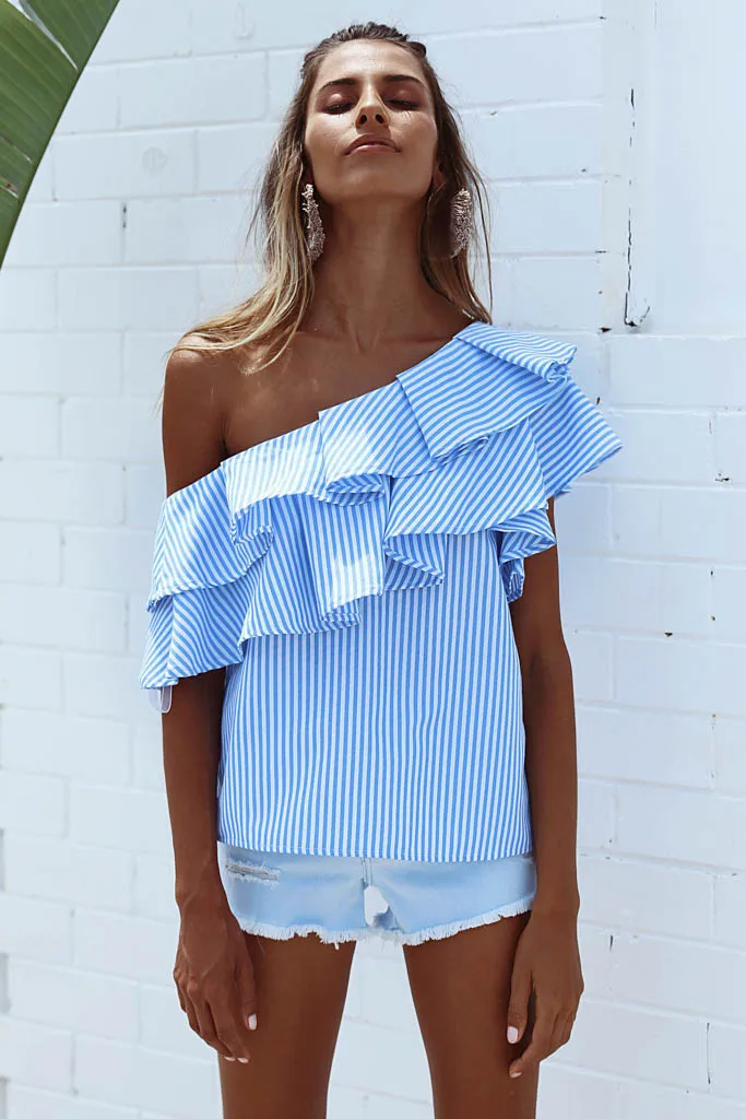 2017 Ruffles Off Shoulder Women Blouse Shirts Blue Pink Striped Irregular Sexy Tops Clothing Ladies Casual Summer Blusas 17201 |