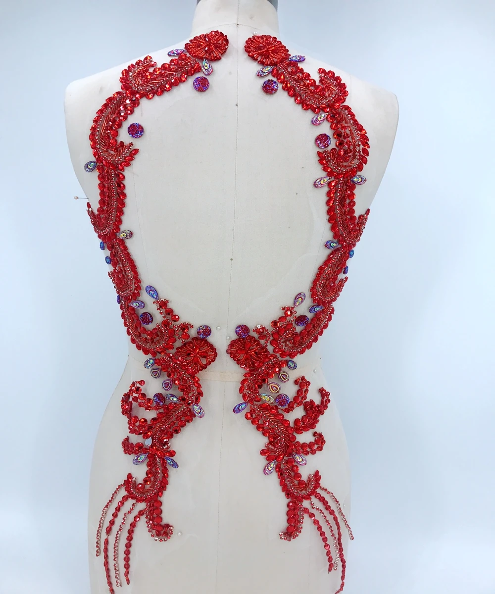 

Pure hand made sew on red Rhinestones applique on mesh crystals patches 69*17X2 for dress DIY dress accessory