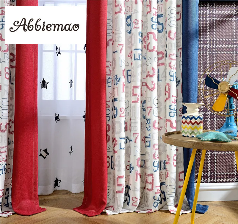 Abbiemao Cotton And Linen Curtains Digital Printing Window Drapes For Children's Room Red Blue Splicing Blackout | Дом и сад