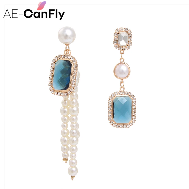 AE-CANFLY блестящие квадратные Стразы асимметрия Темперамент Длинная цепочка жемчужное кисточкой падение Pendientes Для женщин ювелирные изделия