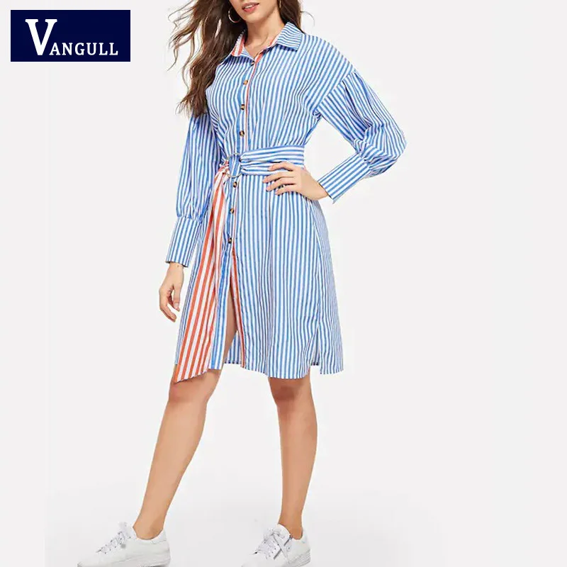 Женское платье рубашка Vangull синее в Вертикальную Полоску с длинными рукавами и