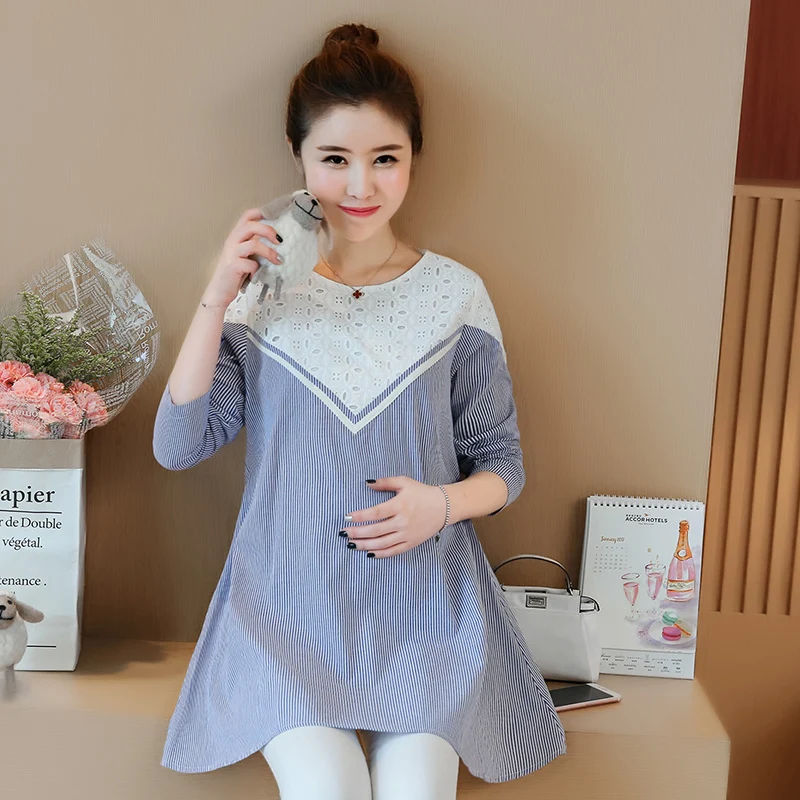 8072 # Осень корейской моды для беременных блузки кружева лоскутное хлопка линии