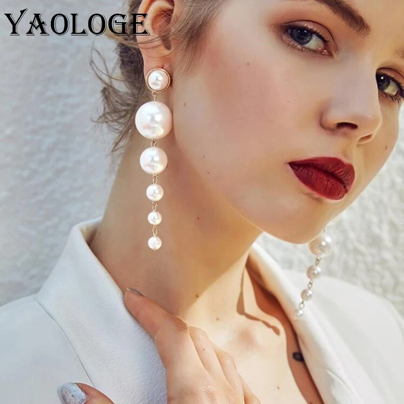 YAOLOGE Новые Модные Элегантные длинные серьги с имитацией жемчуга эффектные
