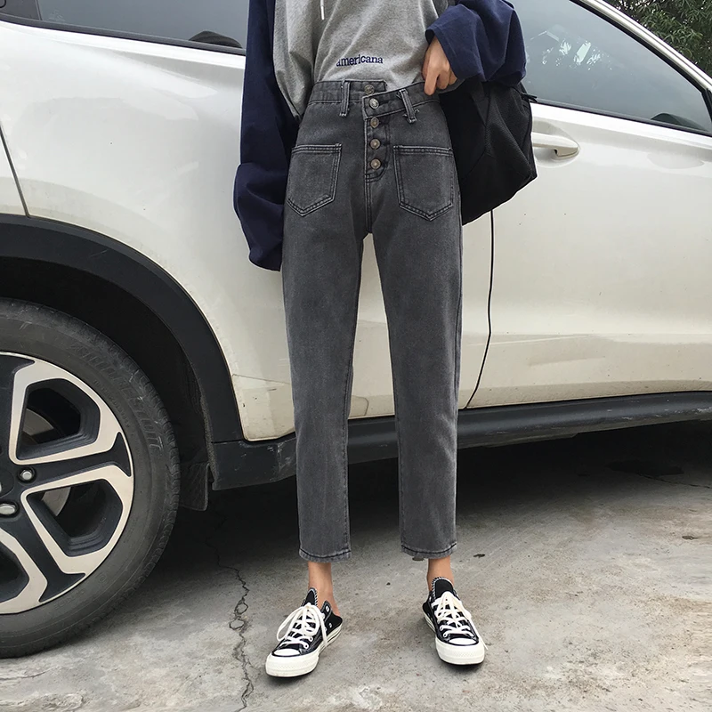 Good quality high waist girls jeans cropped denim pants with pockets | Женская одежда