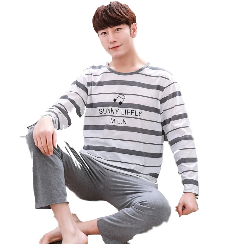 2019 Spring Autumn Thin Cotton Casual Striped Pajamas Sets for Men Long Sleeve Pyjama Sleepwear Homewear male Loungewear Clothes | Мужская