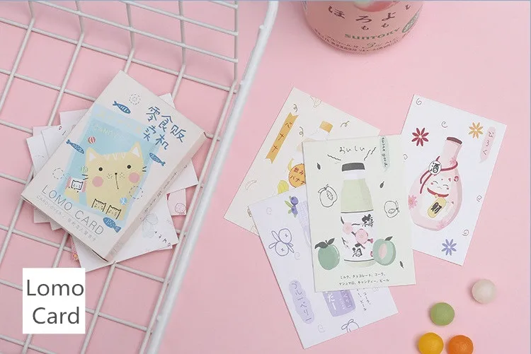 

28 Sheets/Set Cute Cat and Snack Lomo Card Mini Paper Postcard/Greeting Card/Birthday Gift Card Message Card