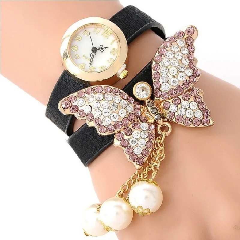 Gnova Платиновый Кристальный ремешок с бабочками женские часы жемчуг шарм браслет