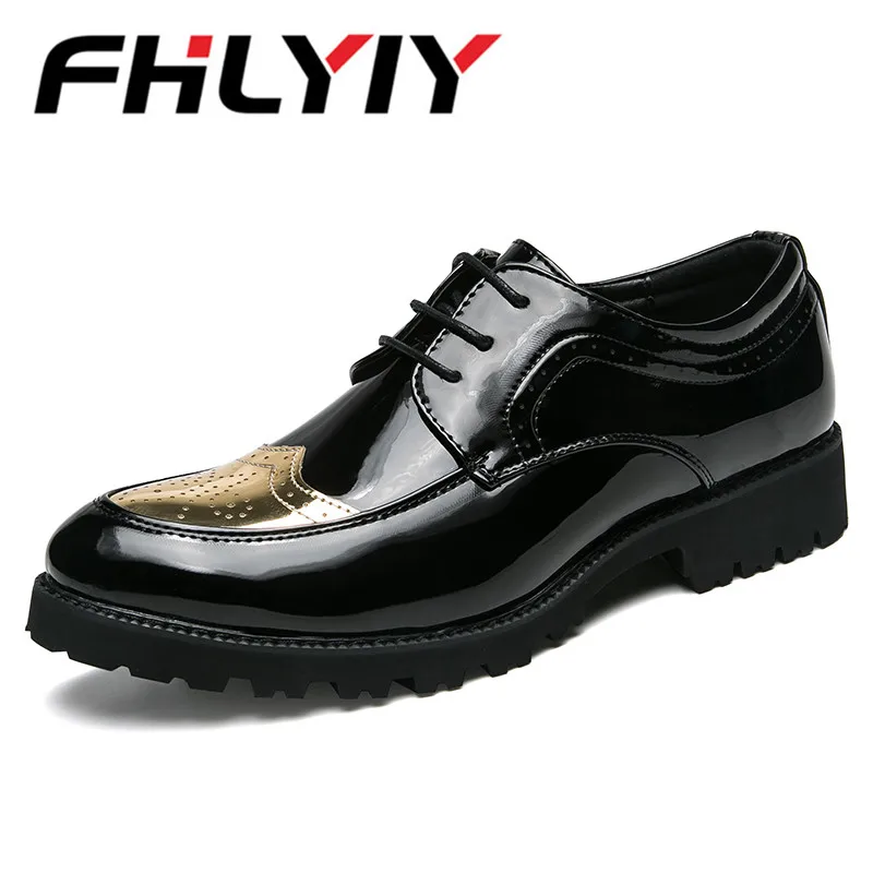 Italy Fashion Patent Leather Oxford Shoes For Men Dress Formal Pointed Toe Business Wedding Gold Zapatos Hombre | Обувь