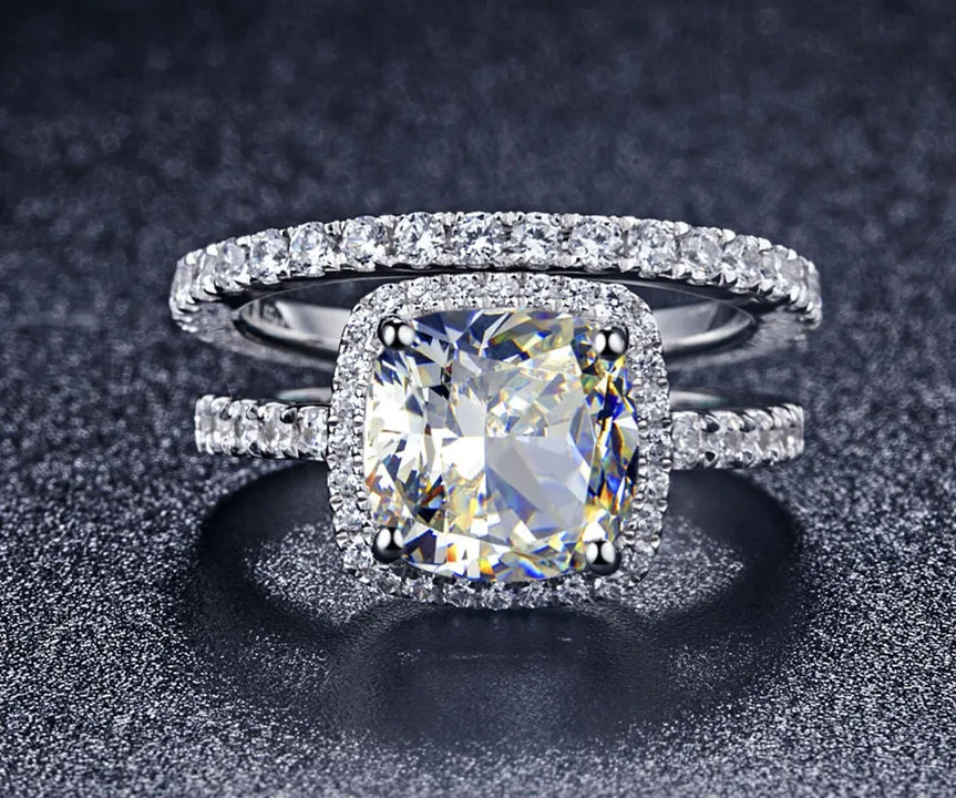 

Bridal Sets 3Ct 9*9mm Cushion Cut Diamond Engagement Set Rings Platinum 950 Proposal Rings for Women