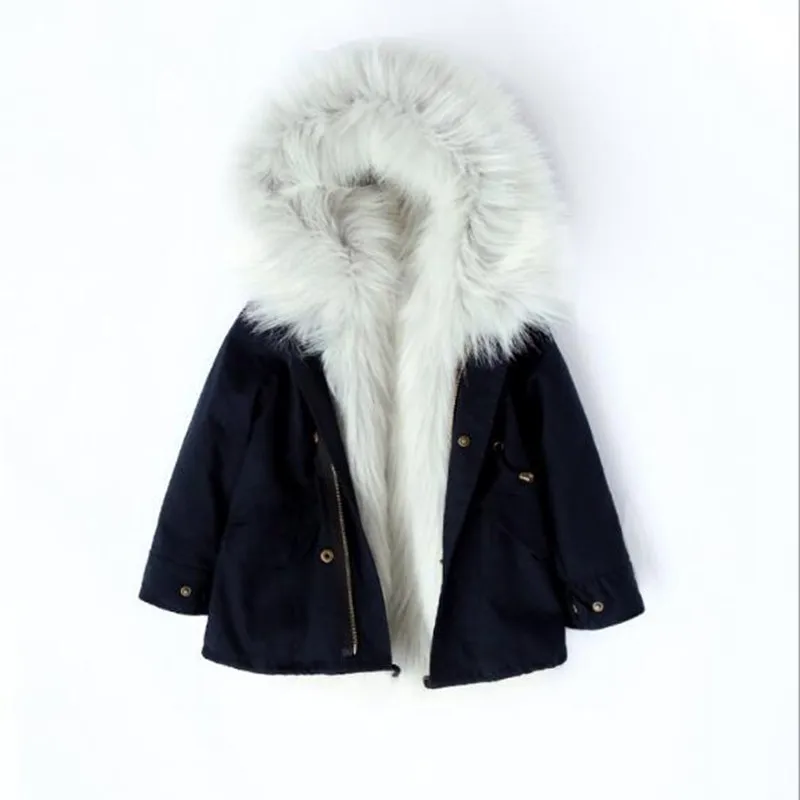 black coat gray fur Теплое зимнее пальто для девочек с подкладкой из искусственного лисьего меха Рождественская школьная куртка с длинными рукавами для девочек и мальчиков - Цвет: black coat gray fur