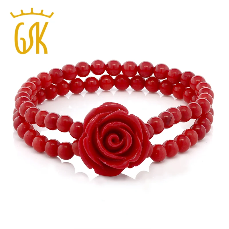 GemStoneKing 7 дюймов красный имитация кораллового бисера Розовый стрейчевый браслет с