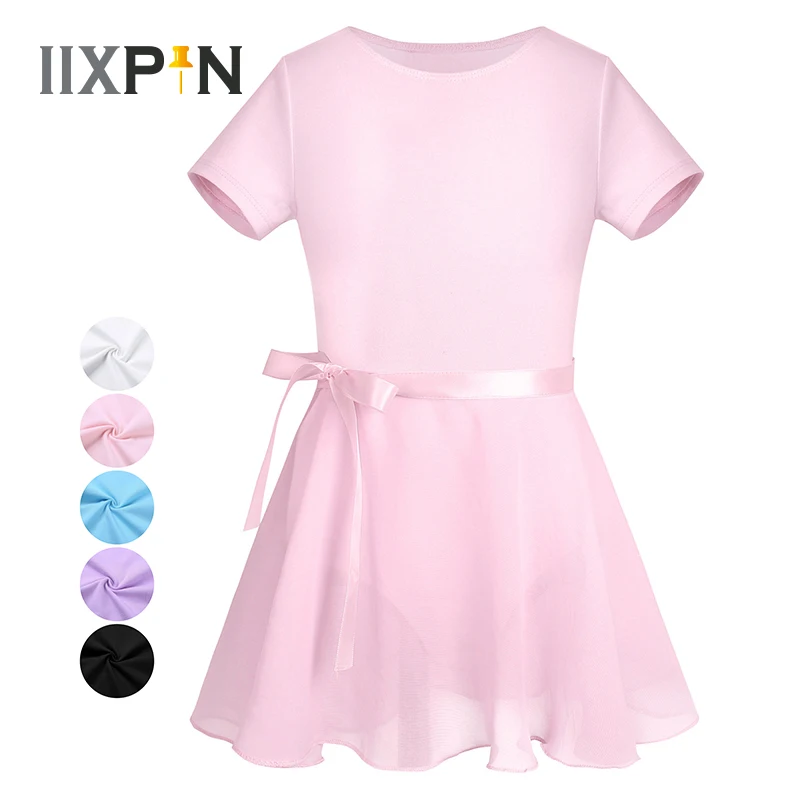 

IIXPIN Girls Ballet dress kids leotard Short Sleeves Gymnastics Leotard dance bodysuit for girls with Chiffon Tied Skirt Outfit