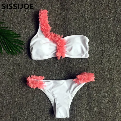Белый SISSIJOE 3D цветок одно плечо бикини набор мягкий Двухсекционный белый купальник женский винтажный летний пляжный купальник бикини - Цвет: Белый