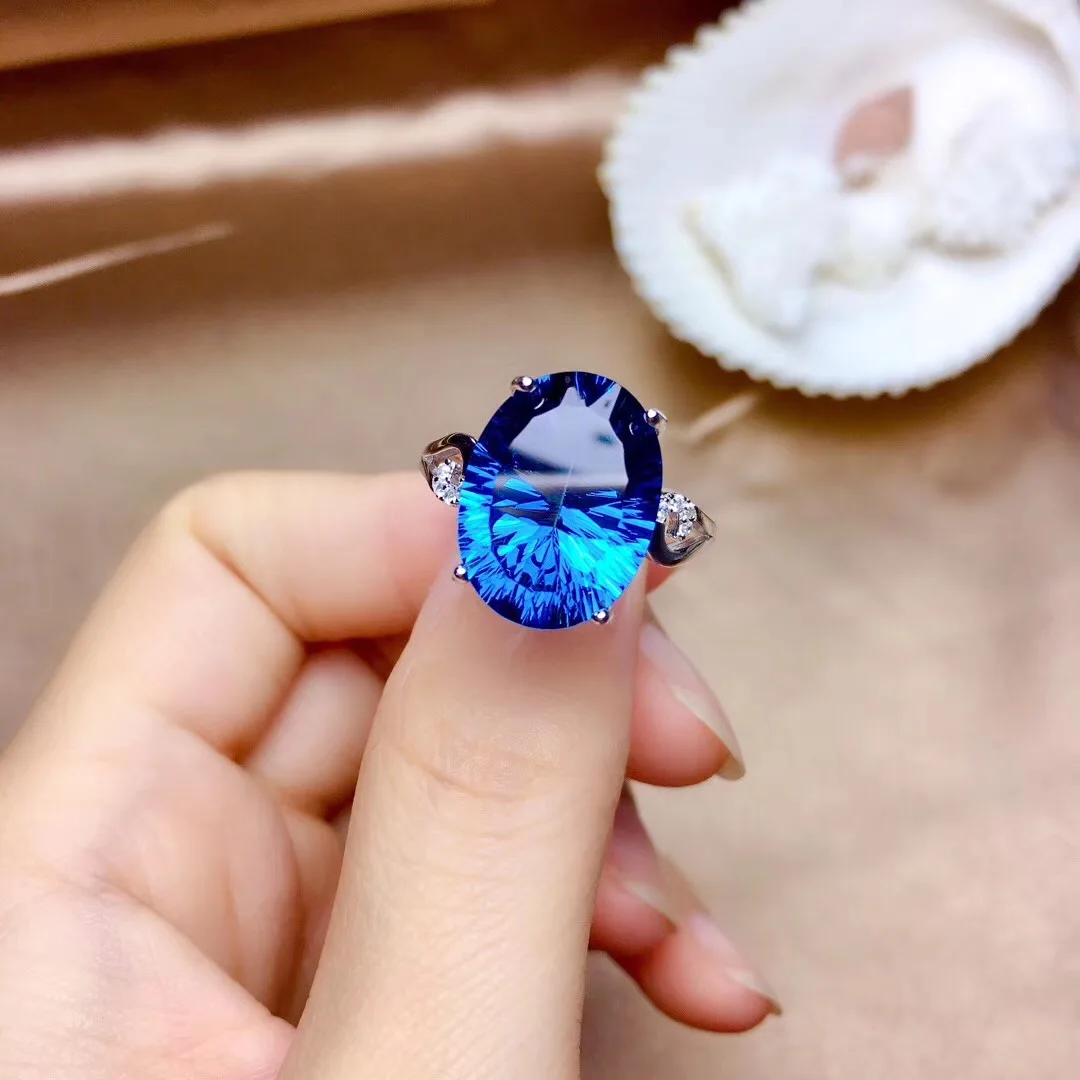 Мигающее прозрачное кольцо с голубым топазом и драгоценным камнем из стерлингового серебра 925 пробы, натуральный драгоценный камень хорошего качества, обручальное кольцо на день рождения, подарок, большой размер