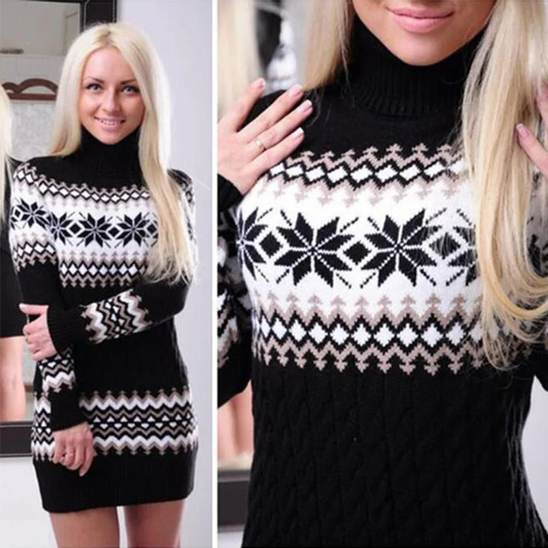 Bella Philosophy Women's European American Christmas Turtleneck Sweater Dress Long Snowflake | Женская одежда