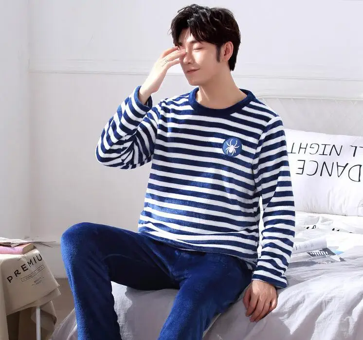 Fashion Brand Luxury Winter Pajamas Men Sleepwear Thick Warm Coral Fleece Mens Pajama Set Male Nightwear Leisure Home Clothing