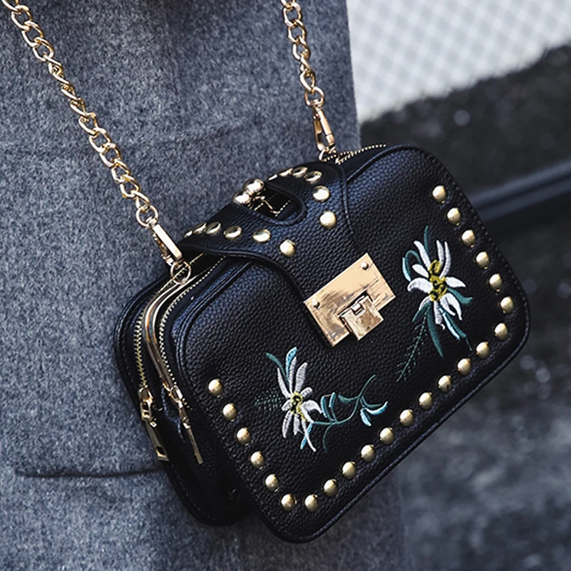 Цветок вышитые сумки женские заклепки Crossbody сумка Роскошные Дизайнерские