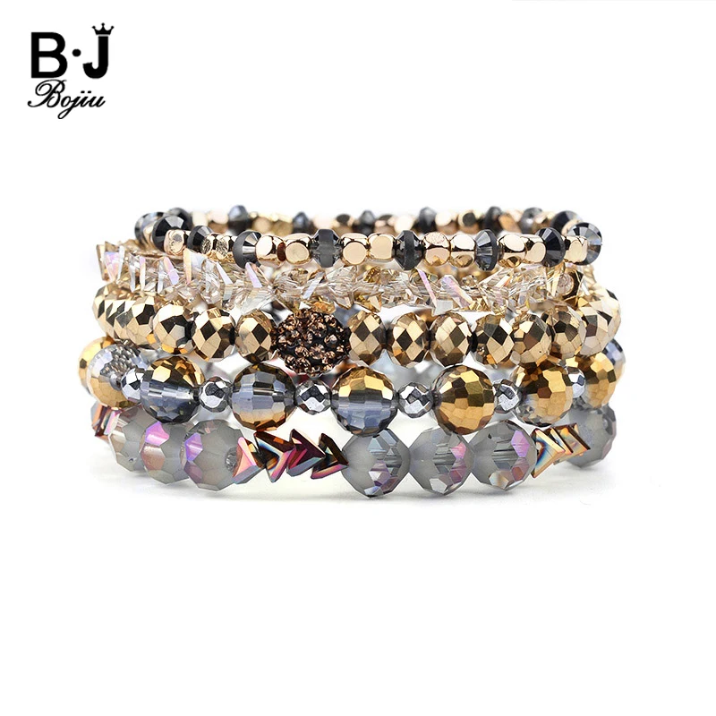 

BOJIU 5 шт./компл. модные Многослойные браслеты с кристаллами для женщин популярный эластичный золотистый желтый серый браслет с кристаллами AB...