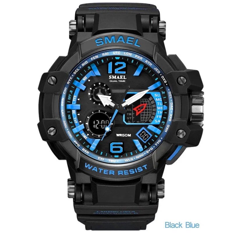 Black-Blue SMAEL Мужские кварцевые цифровые часы мужские спортивные часы электронные военные наручные часы мужские водонепроницаемые часы 1509 Relogios Masculino - Цвет: Black-Blue