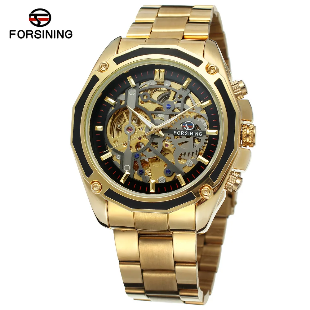 2017 Hot Selling Fosining Men Latest Fashion Watch Stainless Steel Bracelet Skeleton Automatic Mechanical Wrist Watch FSG8130M4