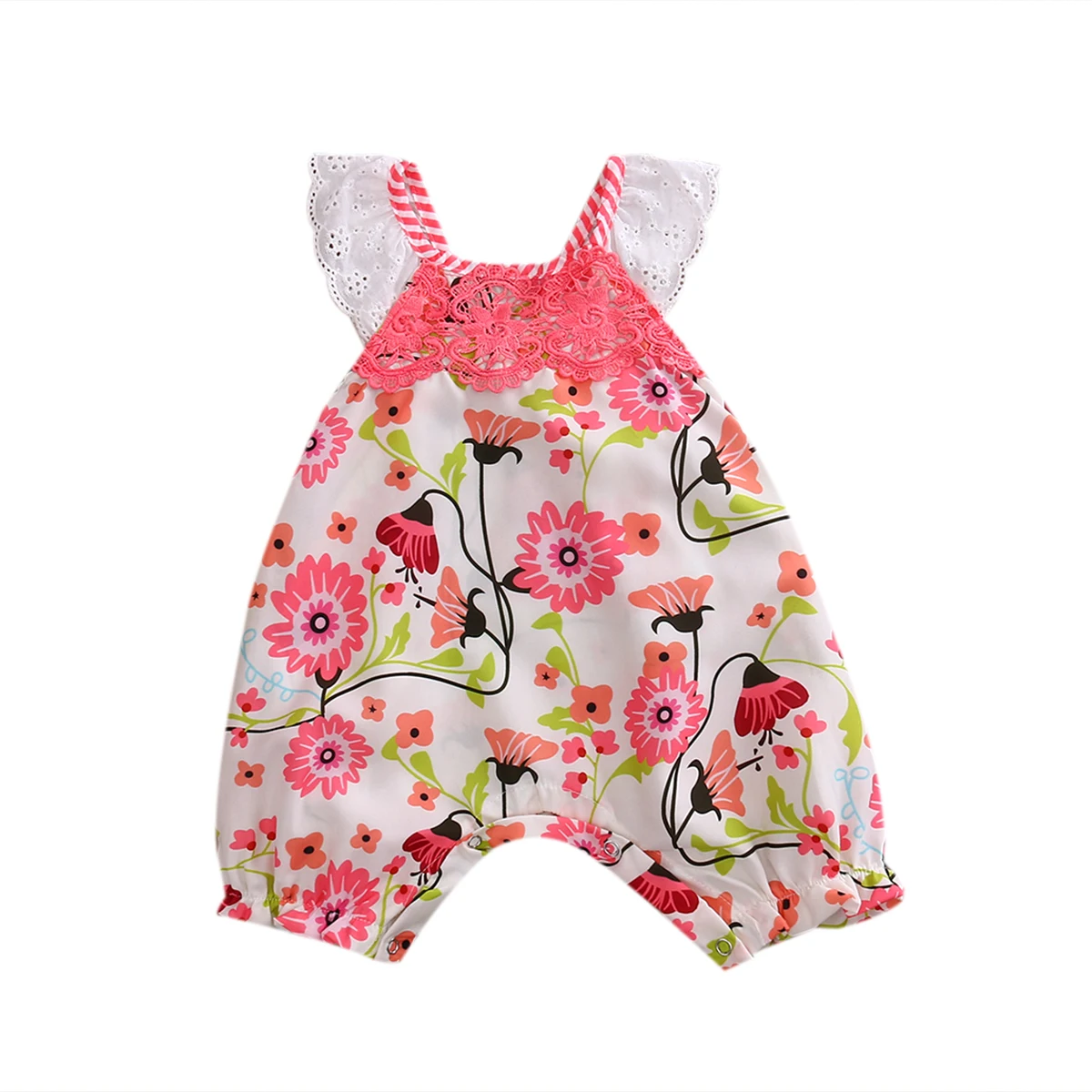 Летний комбинезон с кружевными рукавами и цветочным рисунком бантом открытой