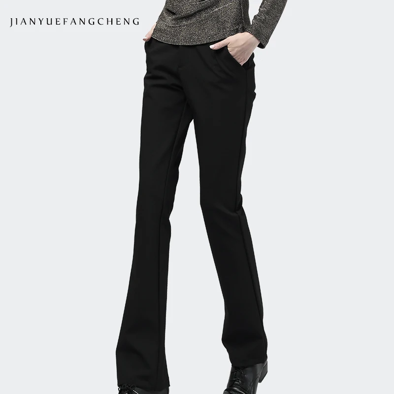 2019 Spring Autumn High Waist Straight Long Flared Pants Pocketed Office Ladies Formal Dress Pants Black/White Women Trousers