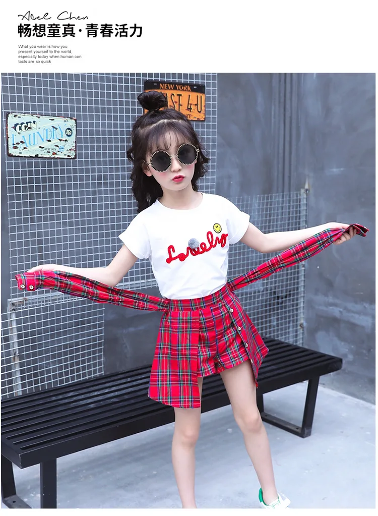 Children's Set Summer Girls Short Sleeve White Tops+ Red Grid Culottes Two Piece Suit Teen Clothes for Girls 8 9 10 11 12 Years