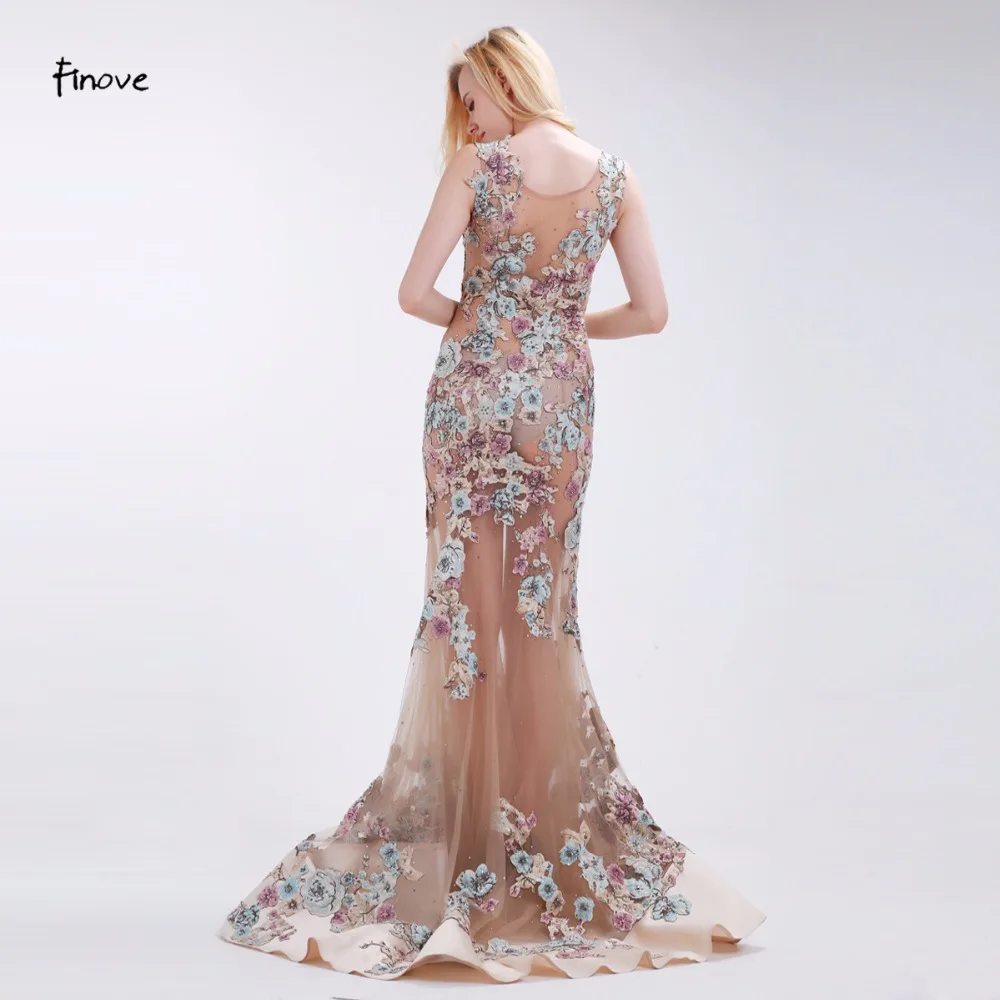 Finove Appliques Evening Dresses Sexy See-Through Tulle Elegant Mermaid Floor-Length 2020 New Champagne Sleeveless | Свадьбы и