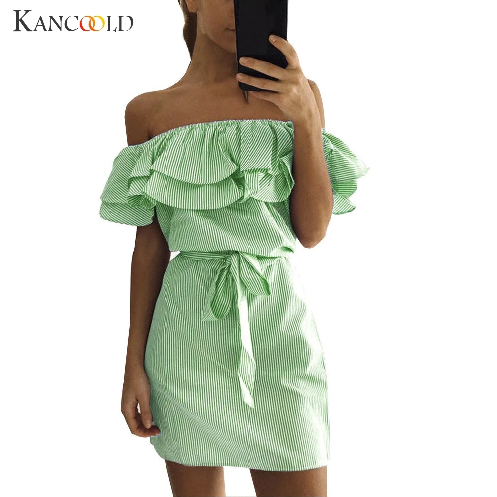 KANCOOLD Dress Women Summer Striped Off The Shoulder Ruffle With Belt Petal Sleeve fashion Mini new women 2019JAN25 | Женская одежда