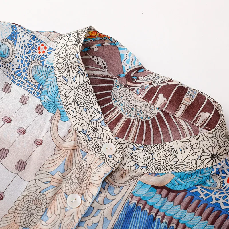 Женское платье из 100% шелка симметричный дизайн с принтом воротником-стойкой и